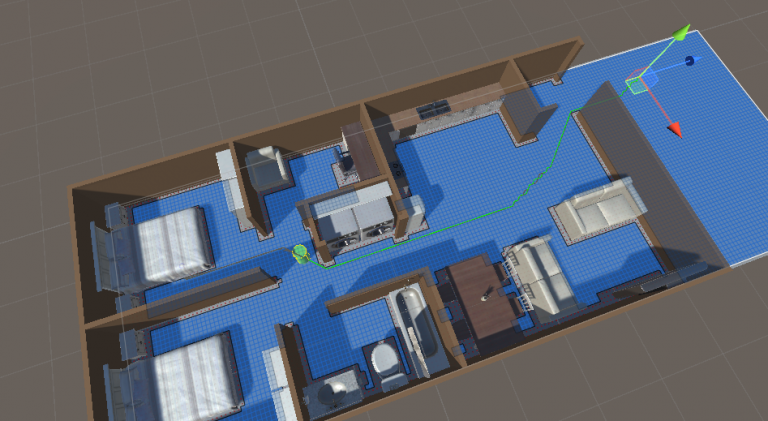 View of the simulation where evacuation was the only allowed protective action. The agent is represented by the green cylinder and the path to the evacuation point is shown by the green line exiting the apartment.